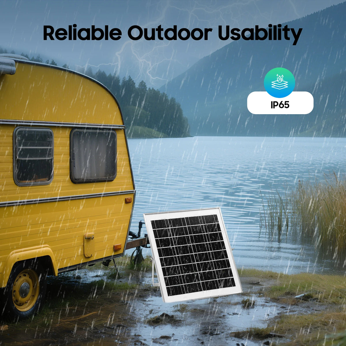 A small solar power panel is shown outdoors next to a yellow camper trailer in the rain, with text reading 'Reliable Outdoor Usability' and an 'IP65' badge. The background depicts a rainy lakeside camping scene with a mountain and trees.