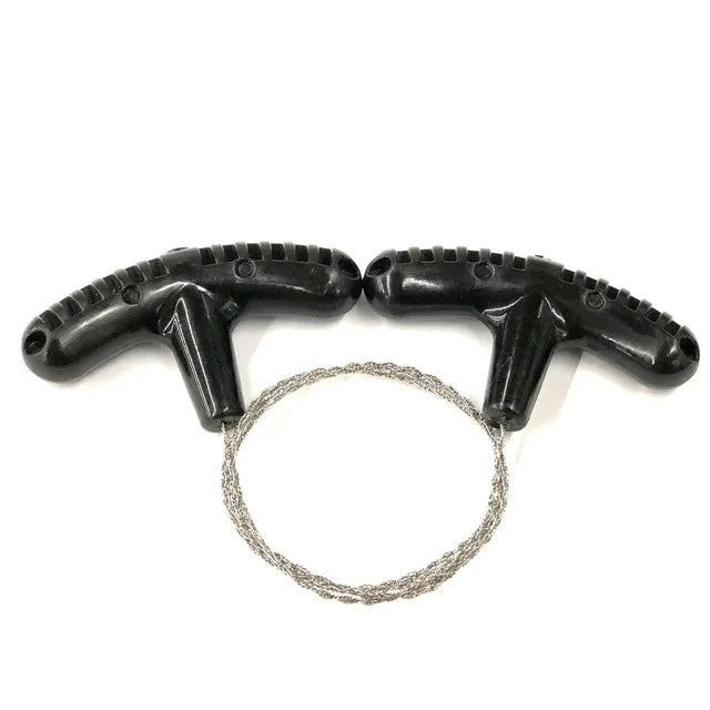 Two black plastic clamps with a metal wire on a white background