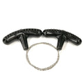 Two black plastic clamps with a metal wire on a white background