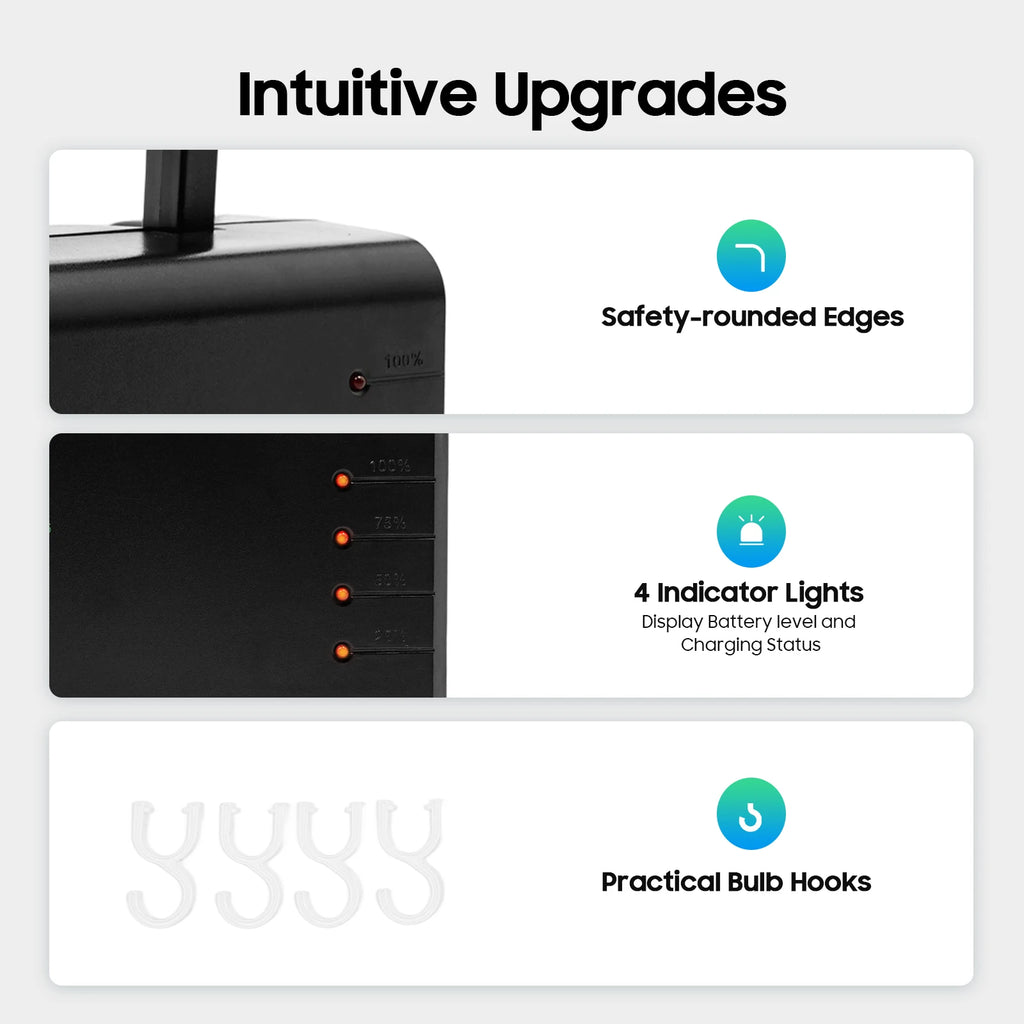 Product features with safety-rounded edges, indicator lights, and bulb hooks on a white background.