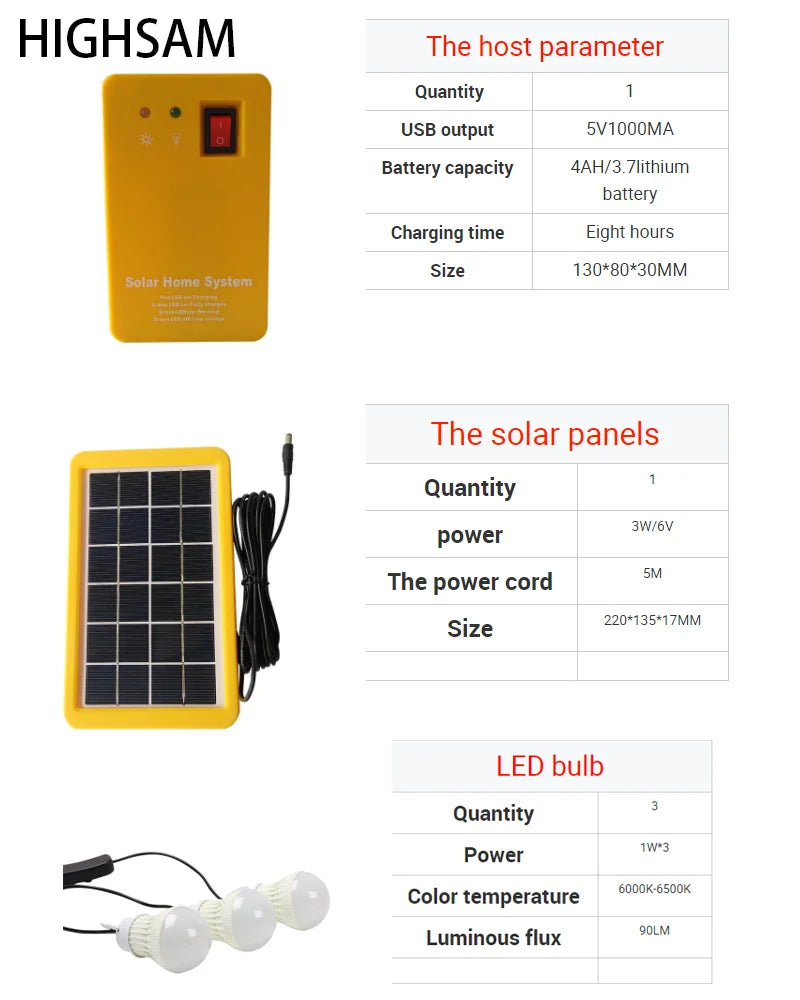 Generator Solar Panel Home System Kit With 3 LED Bulbs Solar Lamp Emergency Light 4 Heads USB Charging for Outdoor Garden
