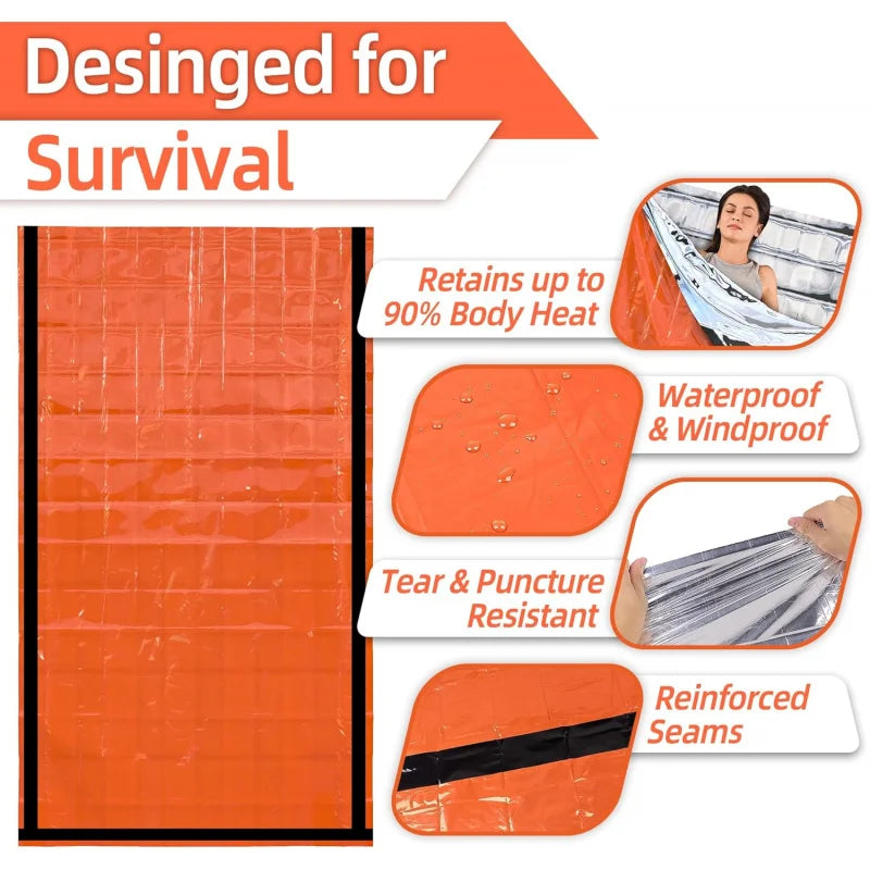 Orange survival blanket with features highlighted on a white background