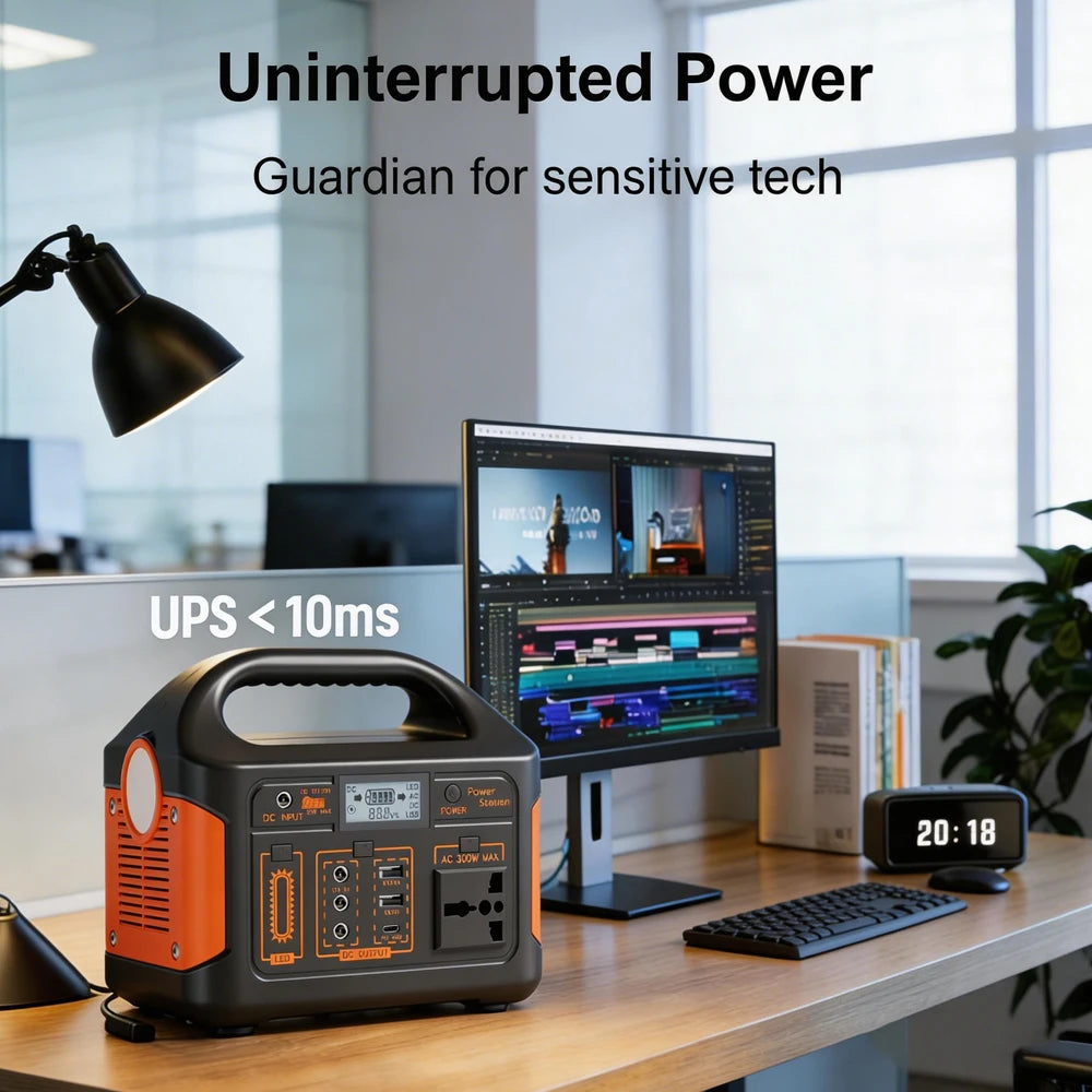 Portable power station on a desk with computer setup, emphasizing 'Uninterrupted Power' and 'Guardian for sensitive tech'.
