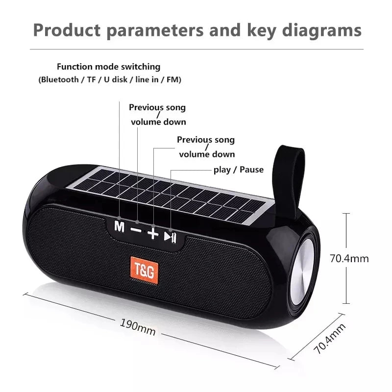 Radio Solar Charging Portable T&G TG182 Wireless Bluetooth Speaker with Auto FM Radio Tuner & 10W Loud Stereo Sound