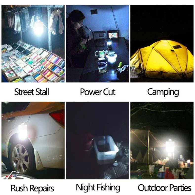 A six-panel collage showing a bright rectangular LED light panel in use: street stall lighting, powering a small workshop table, camping under a glowing tent, repairing a car at night, night fishing, and outdoor parties. Text labels identify each use case.