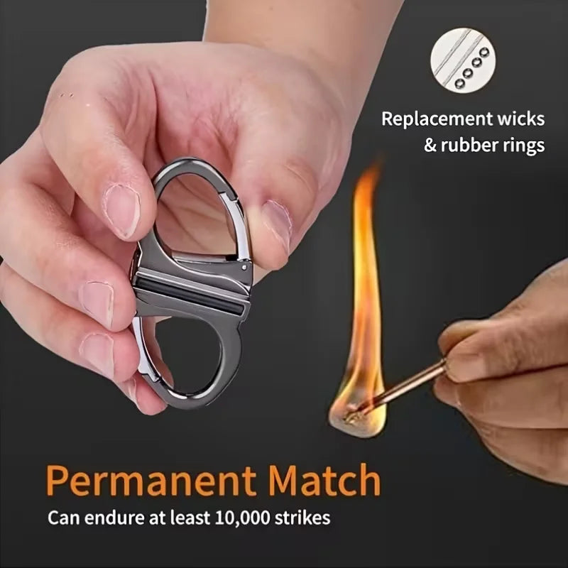 Permanent match with replacement wicks and rubber rings, held by a hand and lit with another match.