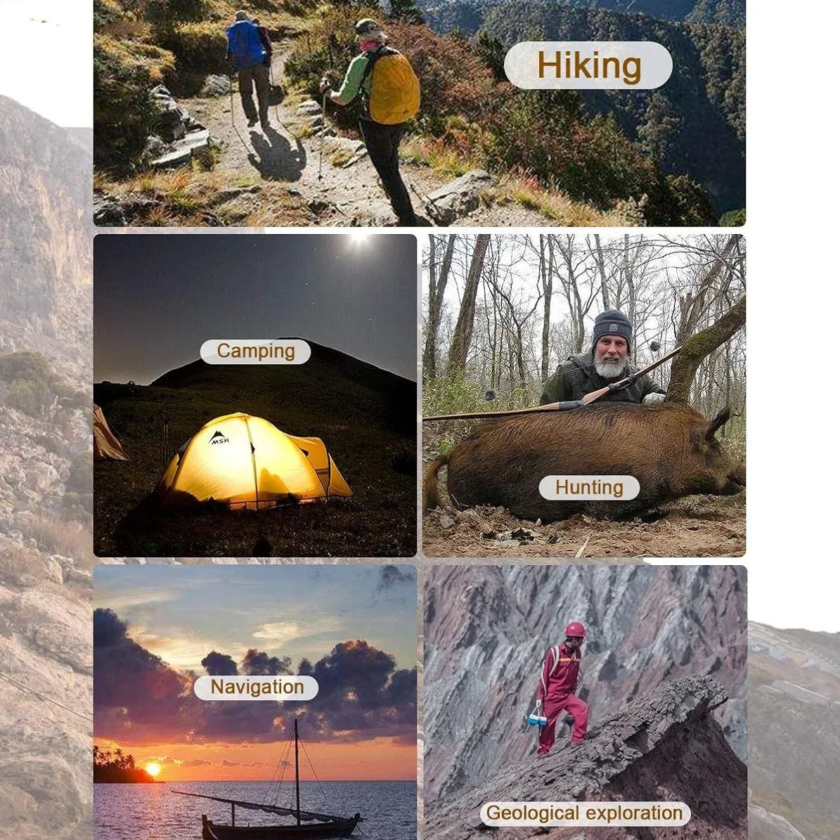 Collage of outdoor activities including hiking, camping, hunting, navigation, and geological exploration.