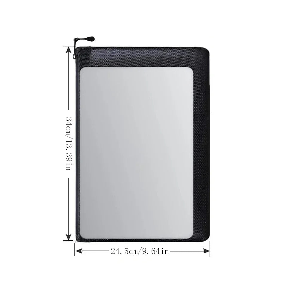Black mesh pouch with dimensions indicated on a white background