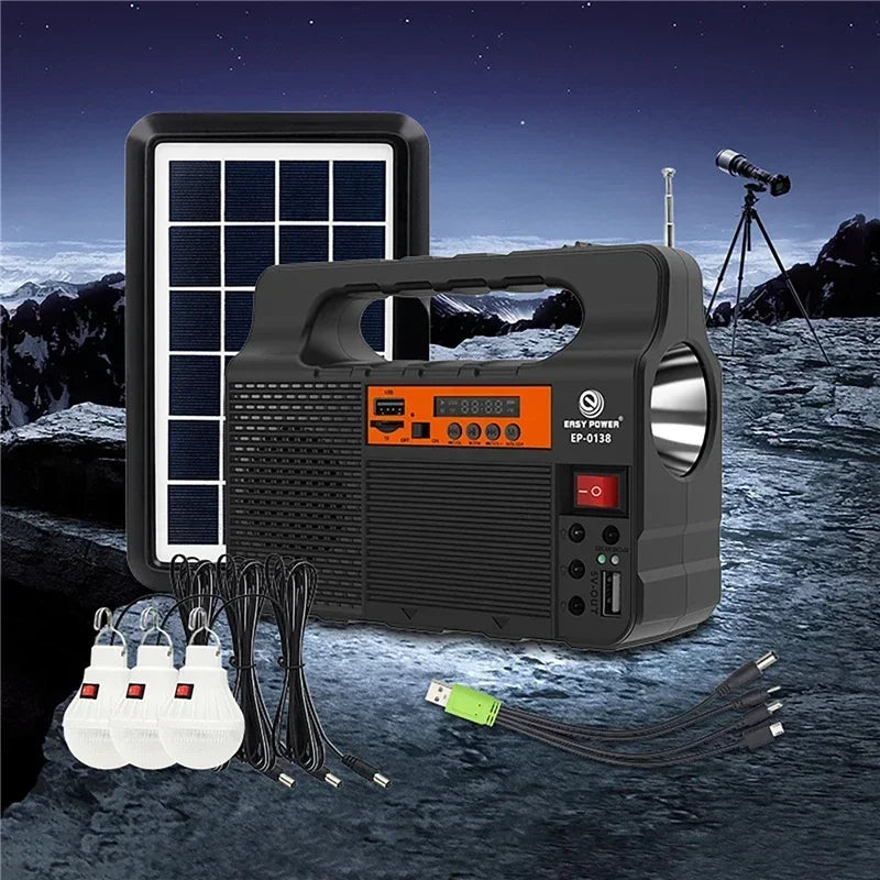 Solar Generator Lighting Kit with Solar Panel, 3 LED Bulbs, FM Radio & Bluetooth Speaker.