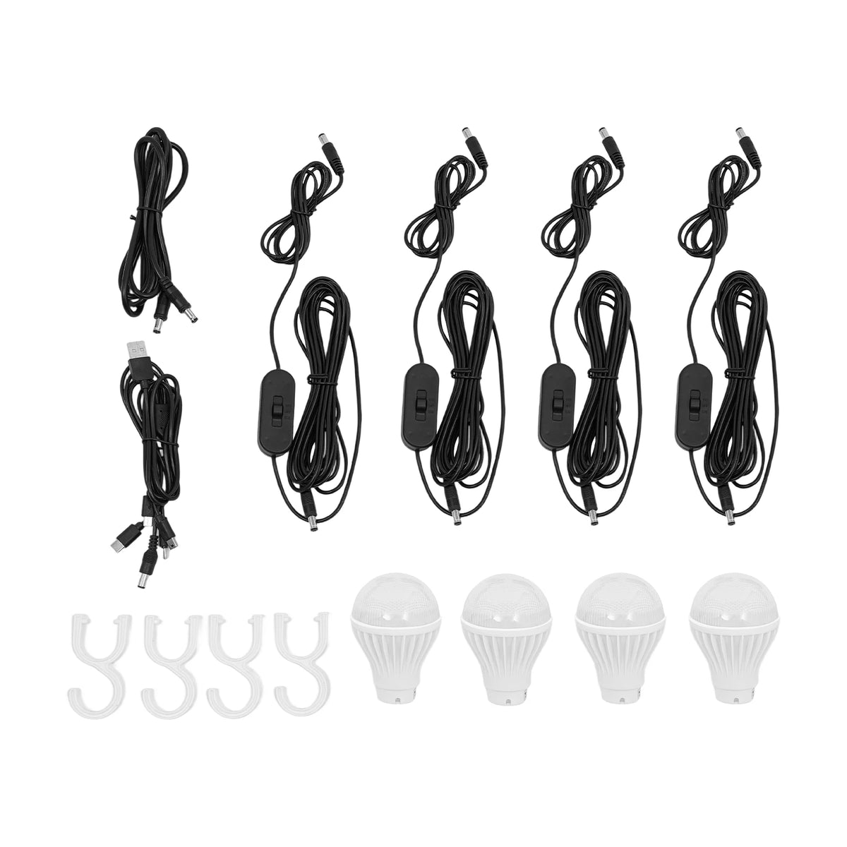 A 5-light LED string light kit with five black power cords, five white LED bulbs, and five white hook clips, arranged neatly on a solid white background.