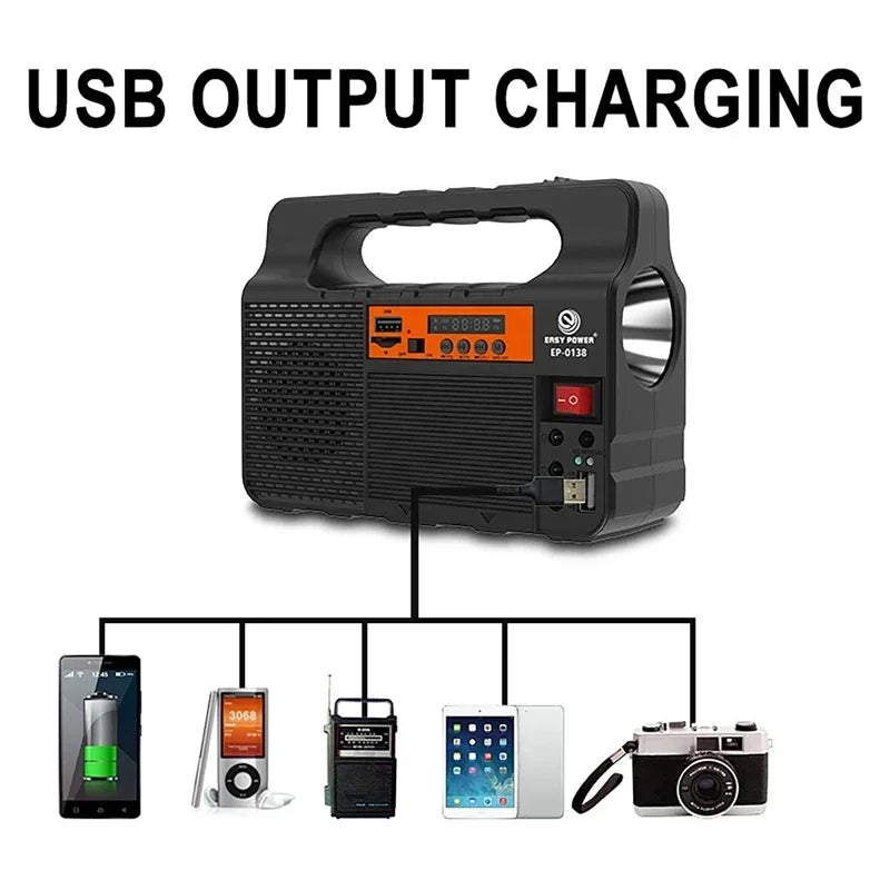 Solar Generator Lighting Kit with Solar Panel, 3 LED Bulbs, FM Radio & Bluetooth Speaker.