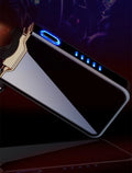 Phone case with glowing blue indicator on a dark background