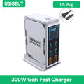 300W GaN Fast Charger with digital display and multiple ports on a white background, featuring UBIGBUY branding.