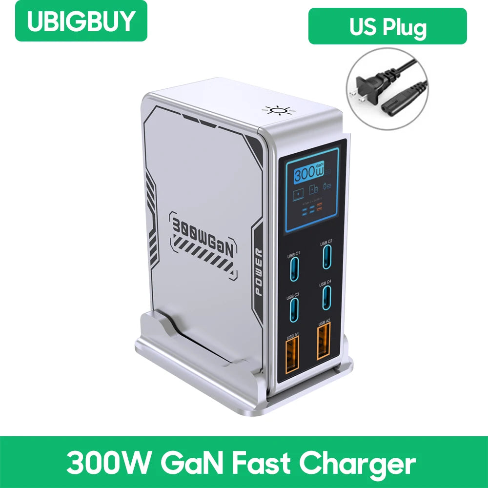 300W GaN Fast Charger with digital display and multiple ports on a white background, featuring UBIGBUY branding.