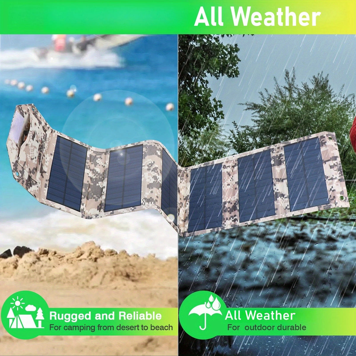 A foldable portable solar panel shown in a split outdoor scene with beach and rain imagery, under the text 'All Weather' and 'Rugged and Reliable.' The product itself has a camouflage pattern with dark blue solar cells.