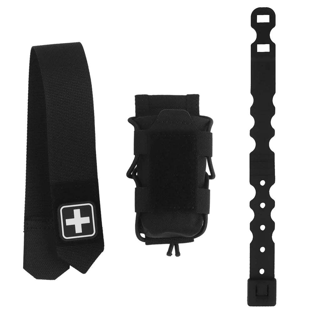 Black medical tie, pouch with cross emblem, and black strap on a white background