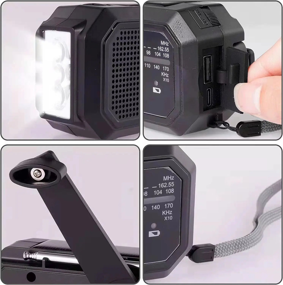 Multifunctional device with LED light, speaker, and digital display on a white background