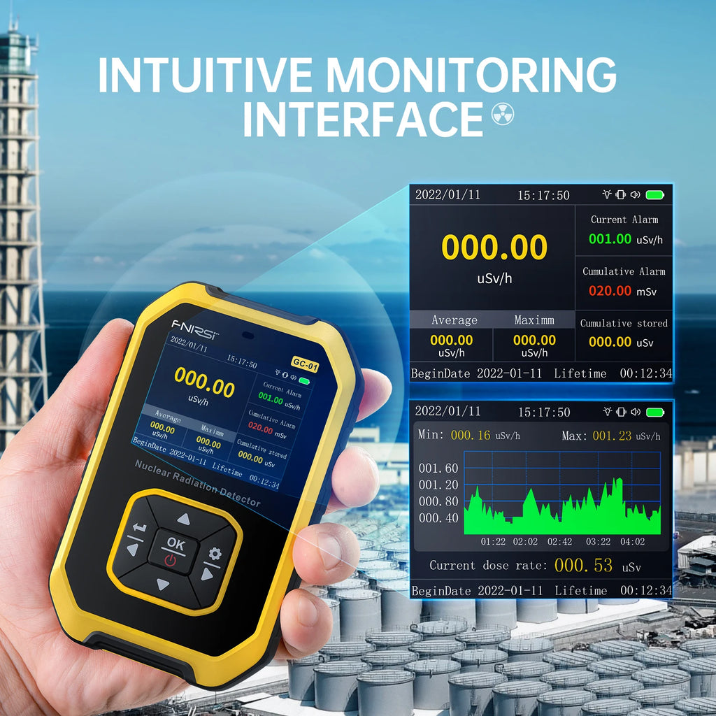 Hand holding a dosimeter with a clear view of its screen displaying 'INTUITIVE MONITORING INTERFACE' text.