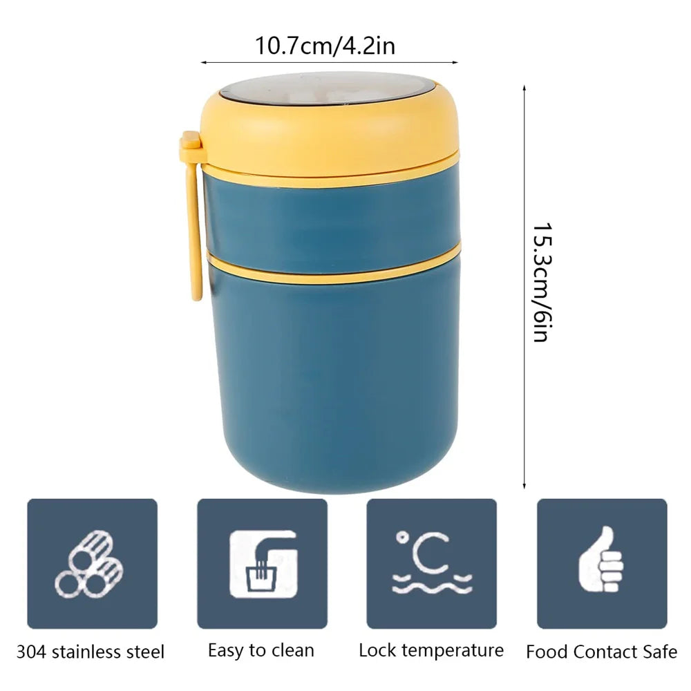 Blue and yellow thermos with dimensions and features listed below.