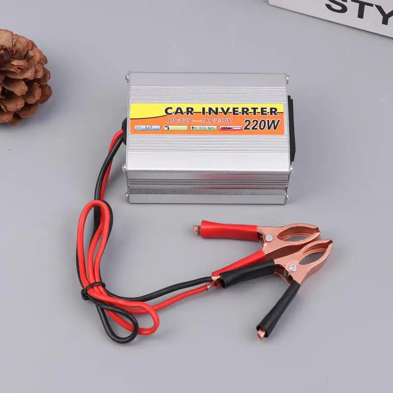 Inverter 220W 12V to 220V – Portable Car & Solar Power Converter with USB & Battery Clips