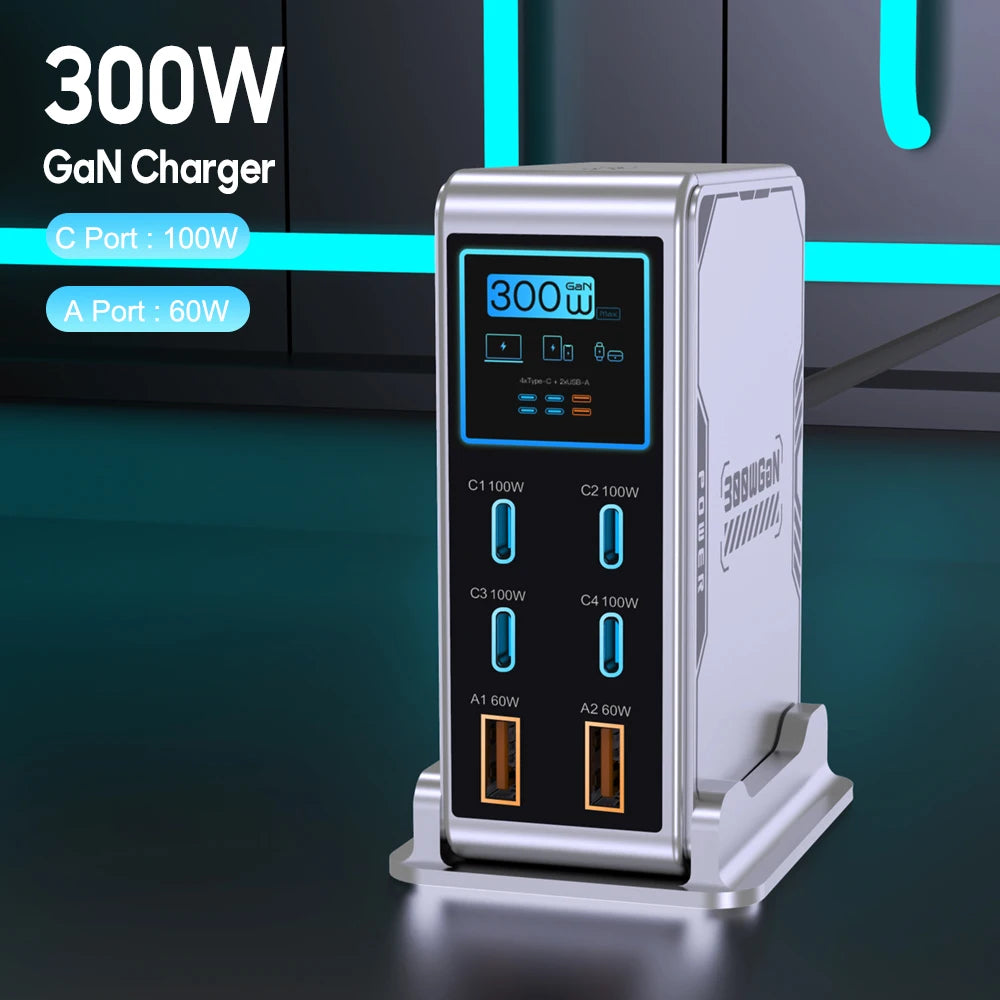 A 3-in-1 GaN charger dock displaying 300W power with two USB-C ports and two USB-A ports, set against a dark teal and black background with graphic text overlays.