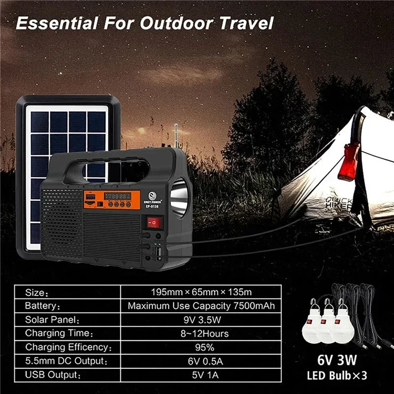 Solar Generator Lighting Kit with Solar Panel, 3 LED Bulbs, FM Radio & Bluetooth Speaker.