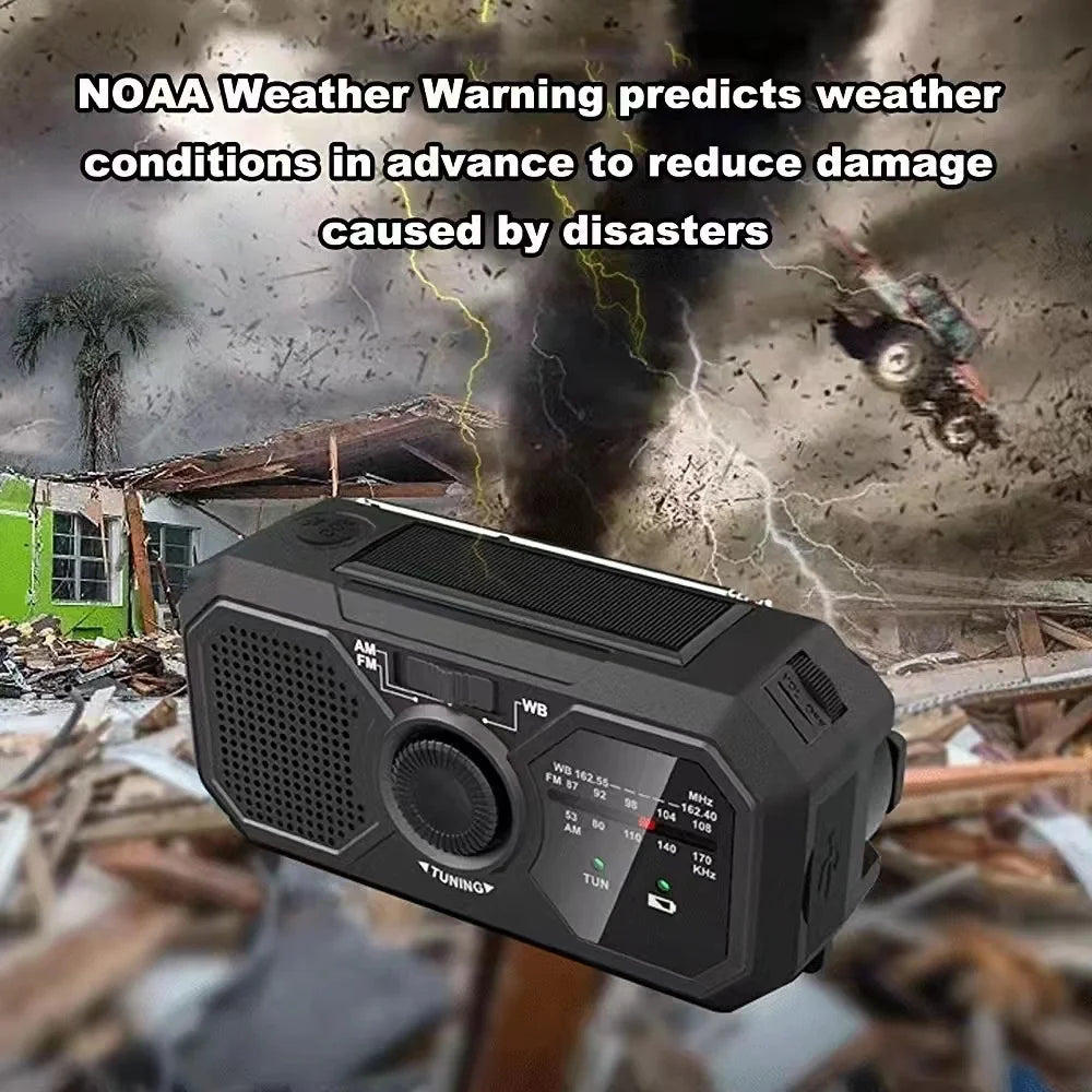 NOAA weather radio with a background of destruction caused by a disaster