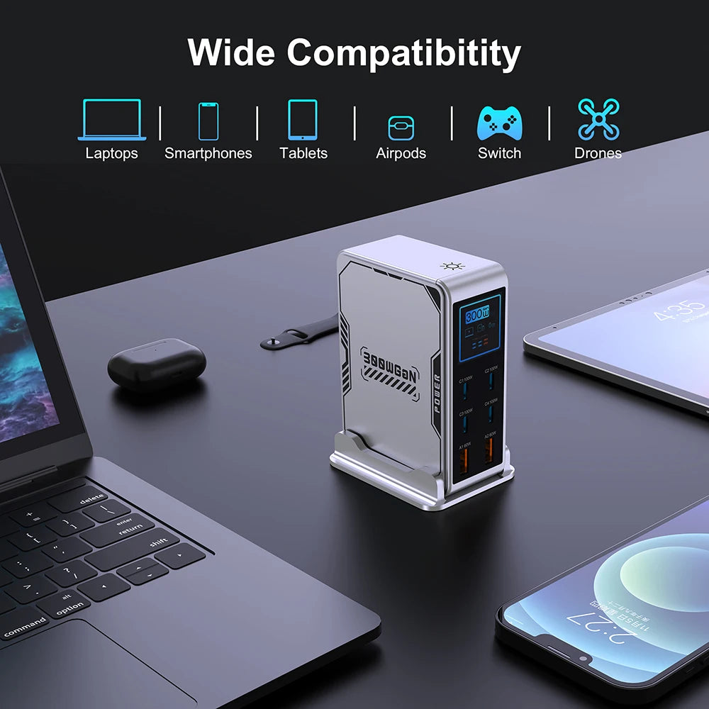 Multifunctional device with compatibility icons for laptops, smartphones, tablets, airpods, switch, and drones on a dark surface.