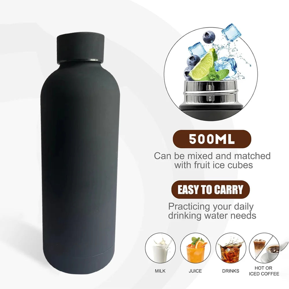 Black water bottle with features highlighted on a white background