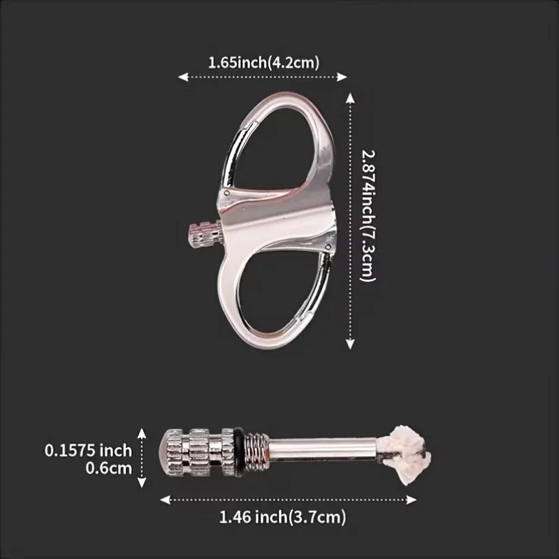 A silver metal ring accessory with dimension annotations on a dark gray background, showing measurements of 1.65 inch by 2.
