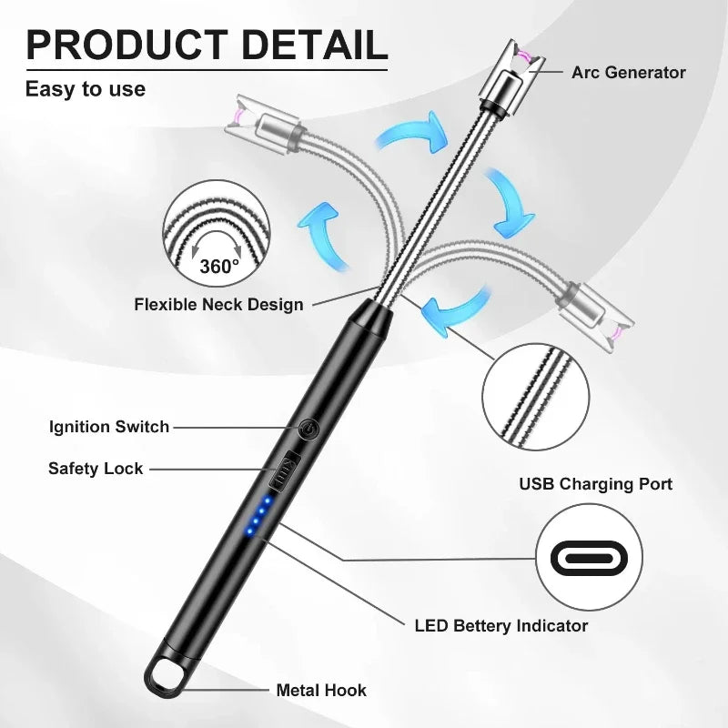 Product detail diagram of a black electric arc cleaner with labeled parts including Arc Generator, USB Charging Port, LED Battery Indicator, Metal Hook, and ignition switch, shown on a light gray background.