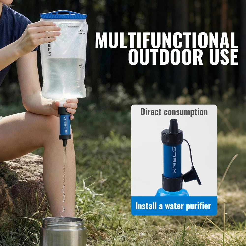 A person outdoors holds a clear water bag with a blue top and a blue/black filter device attached, with water dripping into a metal container. Large text reads 'MULTIFUNCTIONAL OUTDOOR USE,' and a smaller inset shows the device labeled 'Direct consumption' and 'Install a water purifier.