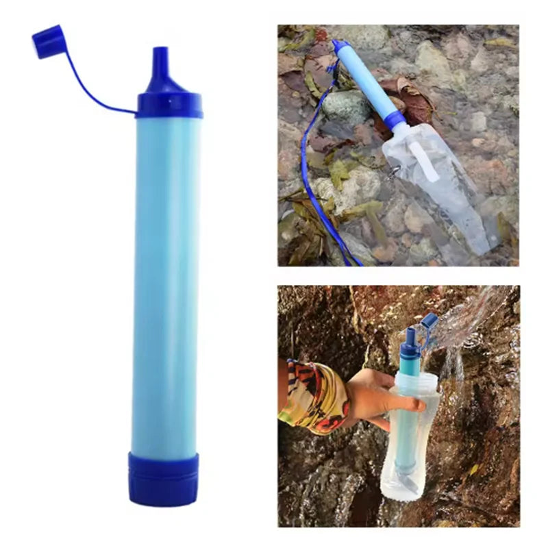 Portable water filter with blue and clear design, shown in use over water.