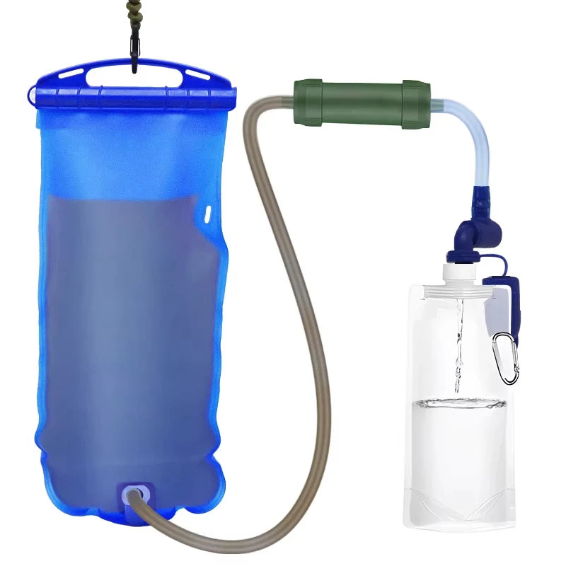 Blue water filter bag with hose and clear bottle on a white background