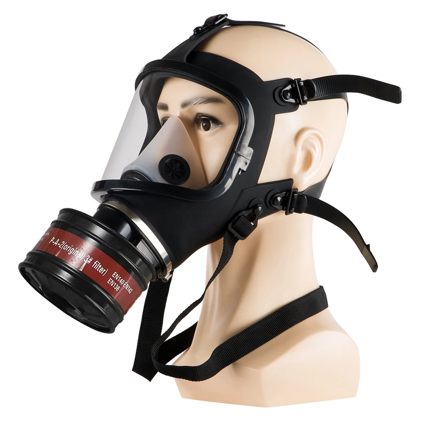 A black full-face respirator mask with a clear visor and a smoking-end filter canister, displayed on a beige mannequin head against a plain white background.