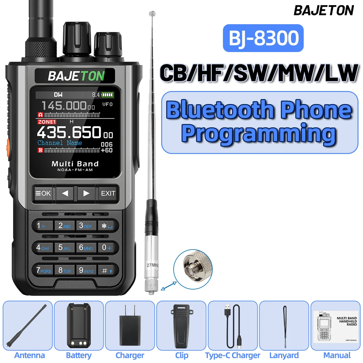 BAJETON BJ-8300 radio communication device with features highlighted on a white background