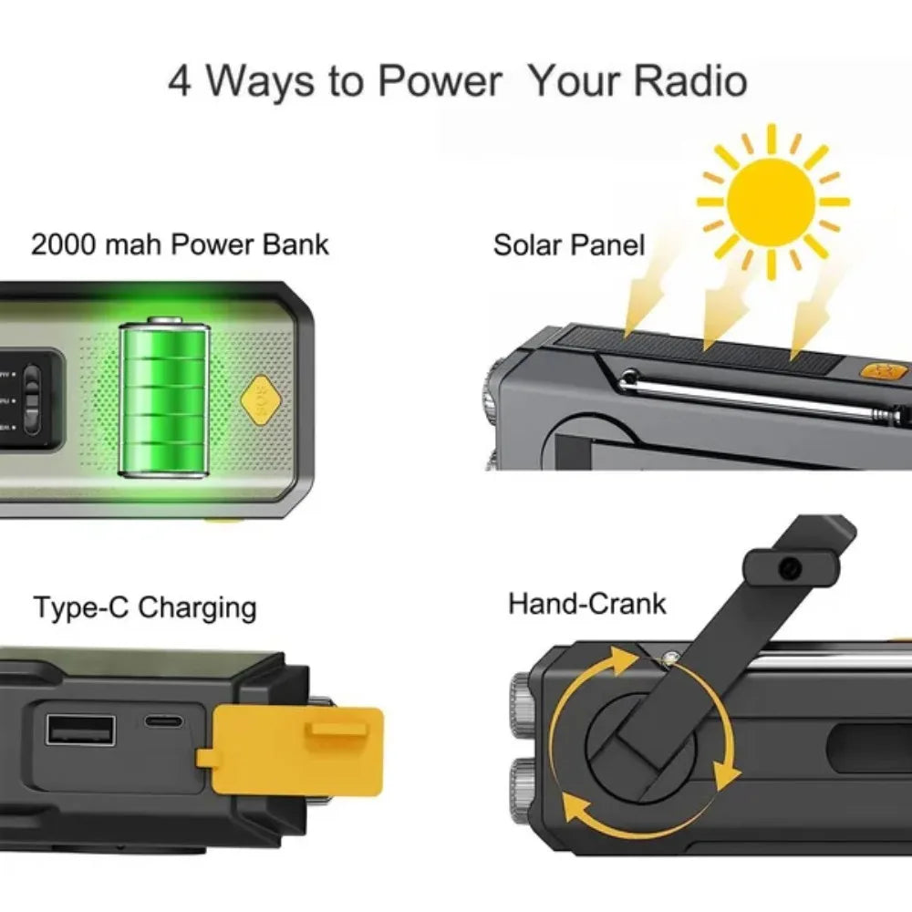 Hand Crank Radio Receiver Emergency Solar Power LED Torch Reading Light SOS Alarm 2000mAh Portable Outdoor Survival Radio