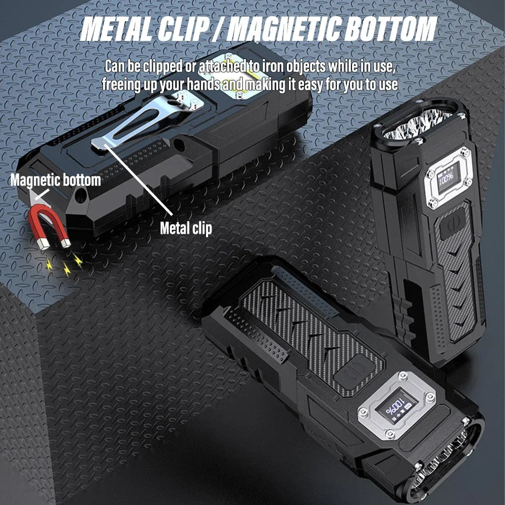 Black toolbox with metal clip and magnetic bottom on a textured gray background