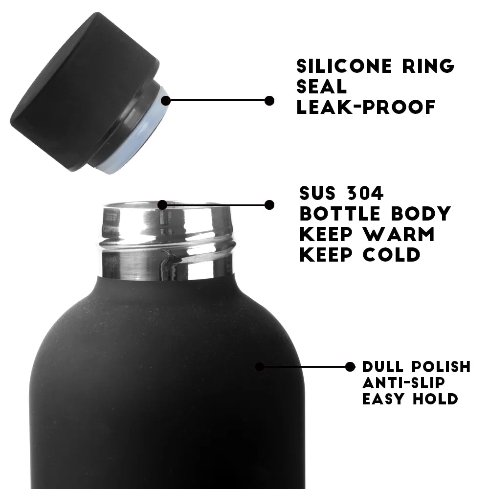 Black insulated bottle with labeled features on a white background