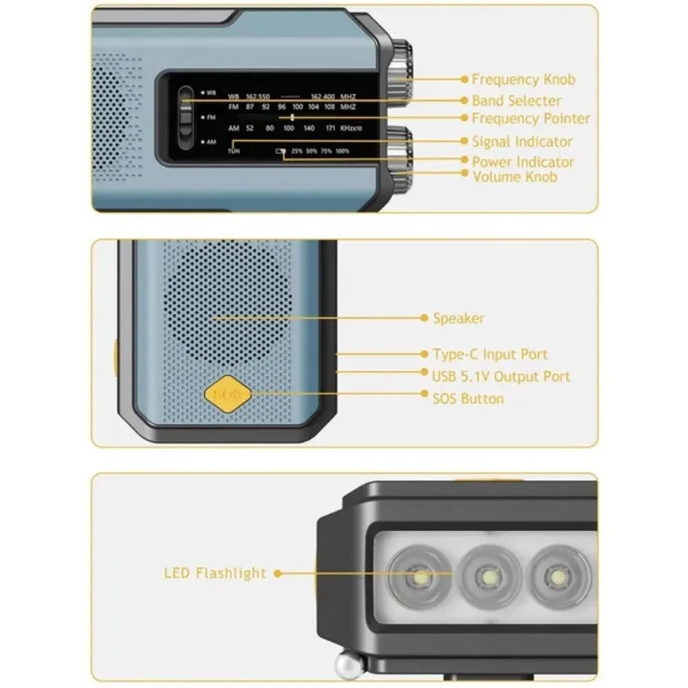 Hand Crank Radio Receiver Emergency Solar Power LED Torch Reading Light SOS Alarm 2000mAh Portable Outdoor Survival Radio