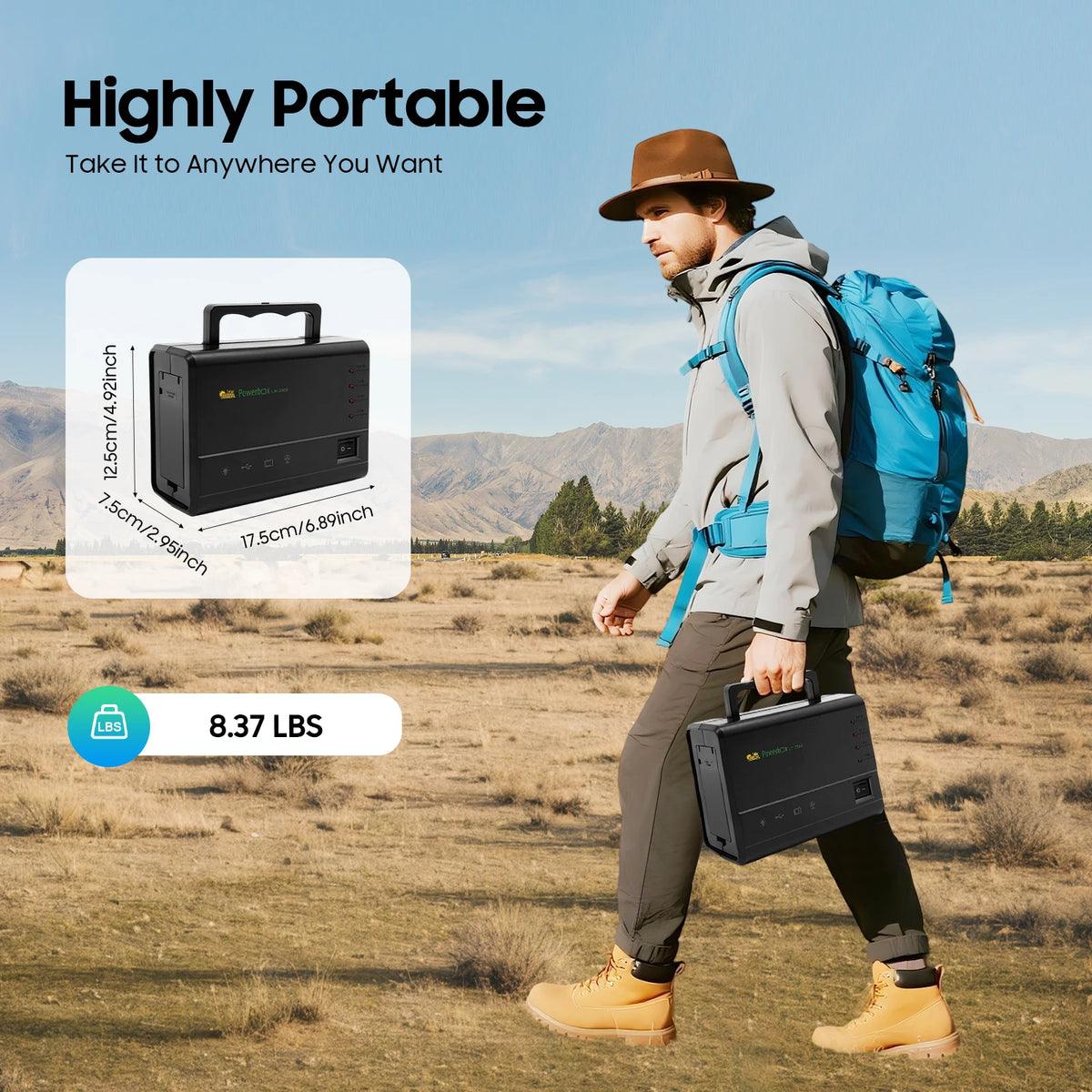 A man hiking outdoors carries a black portable power station in one hand while wearing a bright blue backpack. Text on the image reads 'Highly Portable' and shows a product inset with dimensions and weight '8.