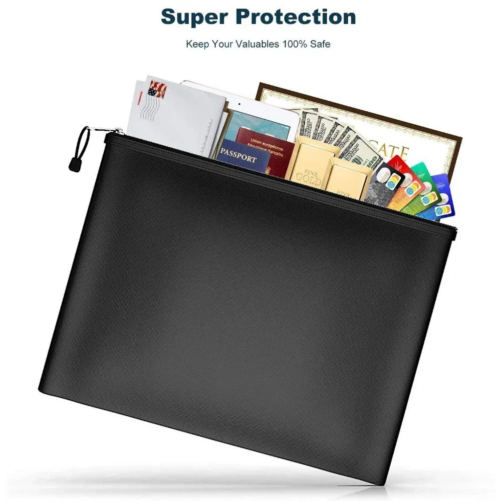 Black zippered pouch with travel documents and cards on a white background