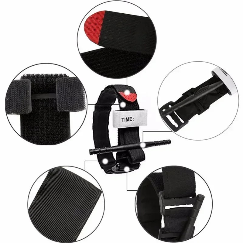 Black headlamp with multiple close-up details on a white background