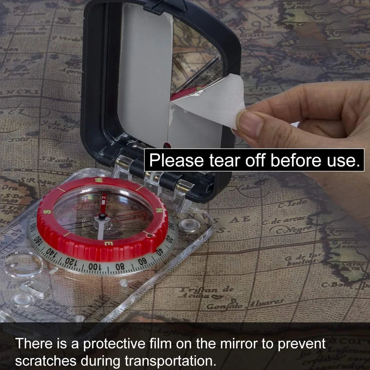 Handheld mirror with protective film on a map background