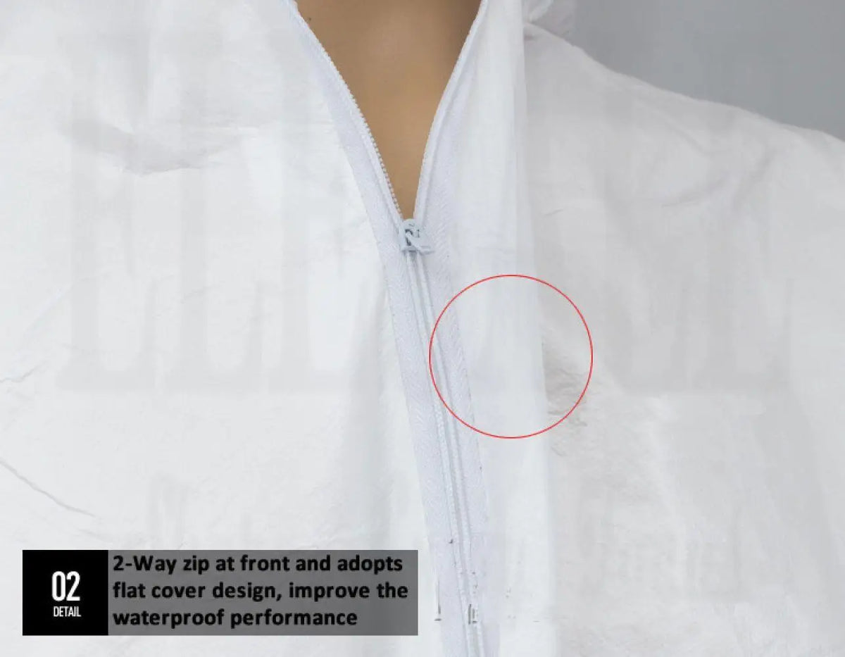White jacket with a 2-way zipper and flat cover design, highlighting waterproof performance.