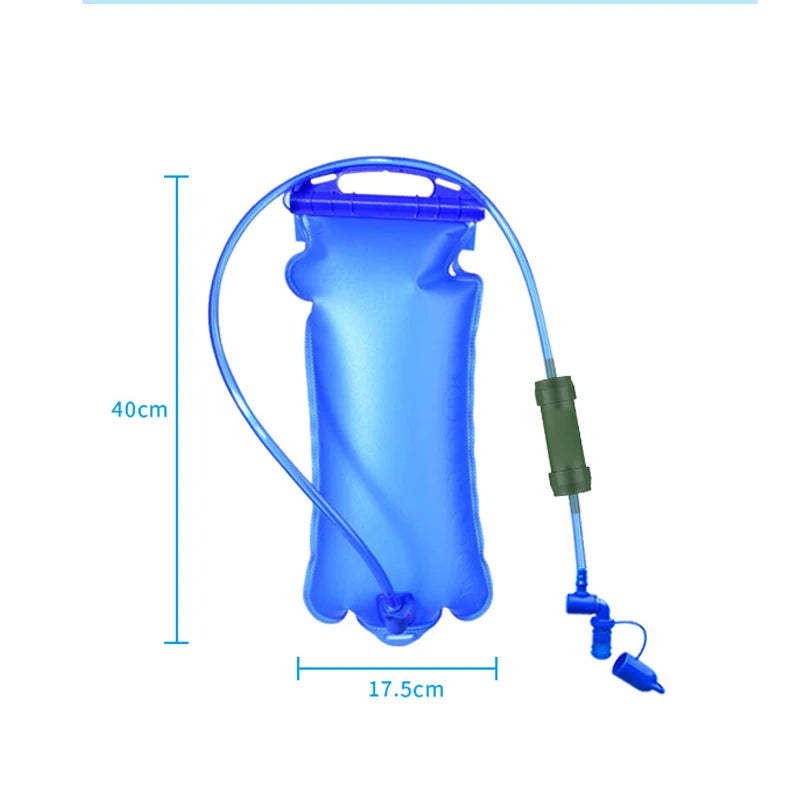 Blue water bladder with measurements on a white background