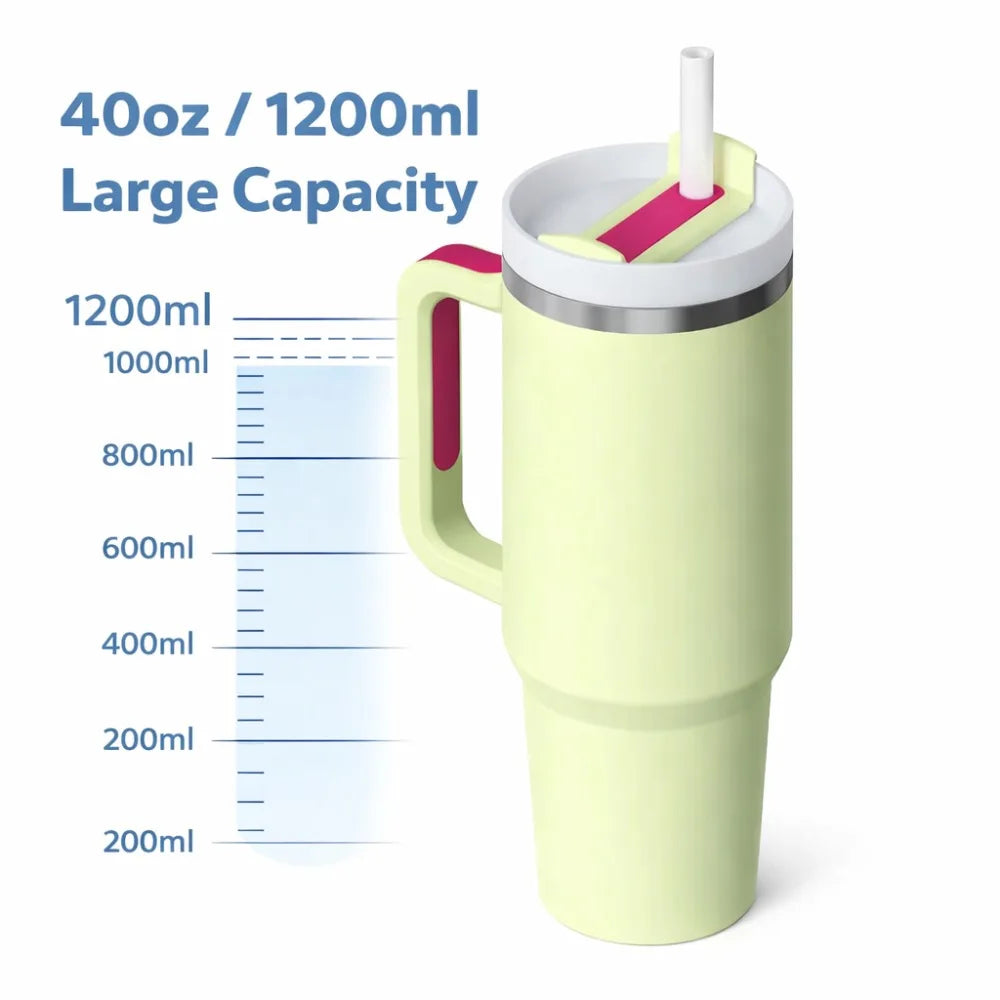 Light green tumbler with handle and straw lid, showing capacity markings on a white background.