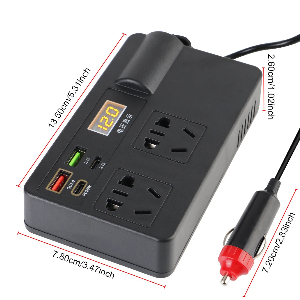 Inverter 12V to 220V 220W – Portable Car Power Adapter with AC Outlet & Multi-Protection
