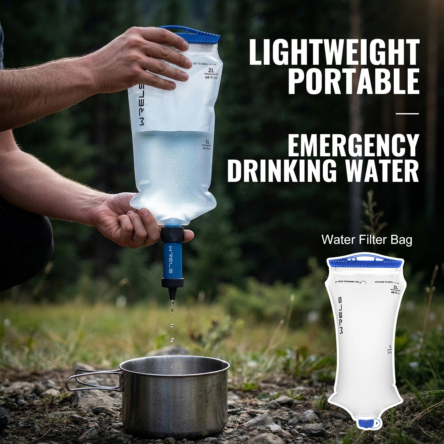 A person outdoors holds a portable water filter bag above a metal pot, with text reading 'LIGHTWEIGHT PORTABLE EMERGENCY DRINKING WATER' and a smaller inset showing the bag labeled 'Water Filter Bag'.