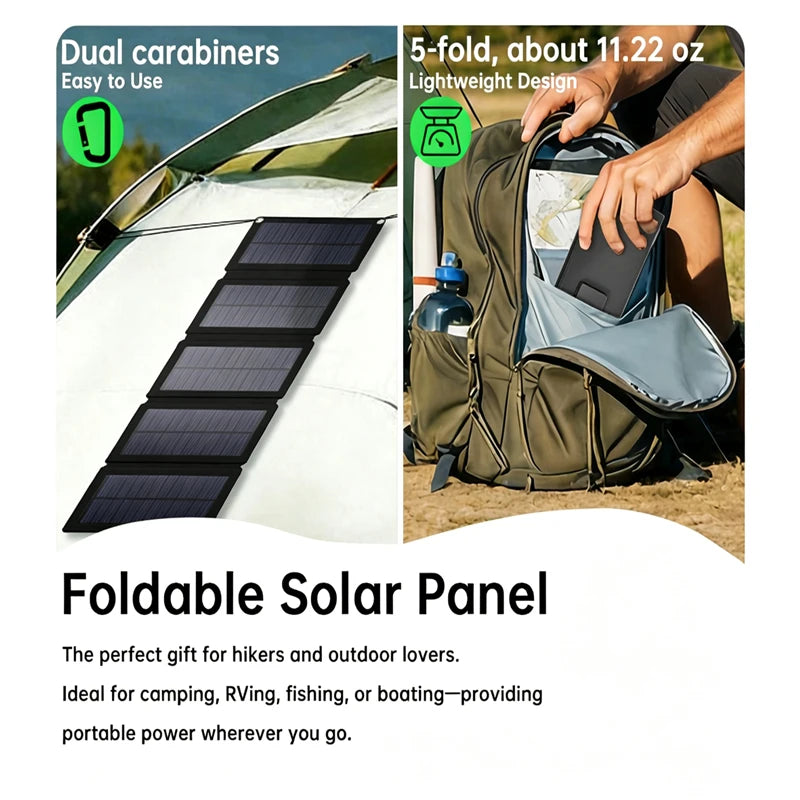 Promotional graphic for a foldable solar panel set, showing a black foldable solar panel attached to a white tent on the left, and a person opening a green backpack to demonstrate storage on the right. Text highlights dual carabiners, easy-to-use design, lightweight weight, and suitability for camping, RVing, fishing, or boating.